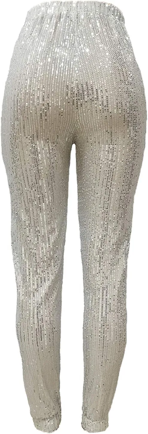 Fawjsais Women Sexy Glitter Sequin Pants High Waist Leggings Evening Party Clubwear