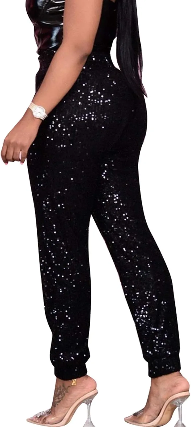 Fawjsais Women Sexy Glitter Sequin Pants High Waist Leggings Evening Party Clubwear