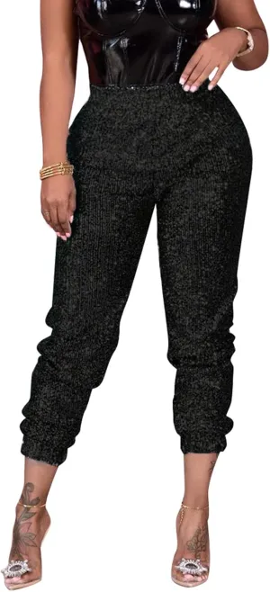 Fawjsais Women Sexy Glitter Sequin Pants High Waist Leggings Evening Party Clubwear
