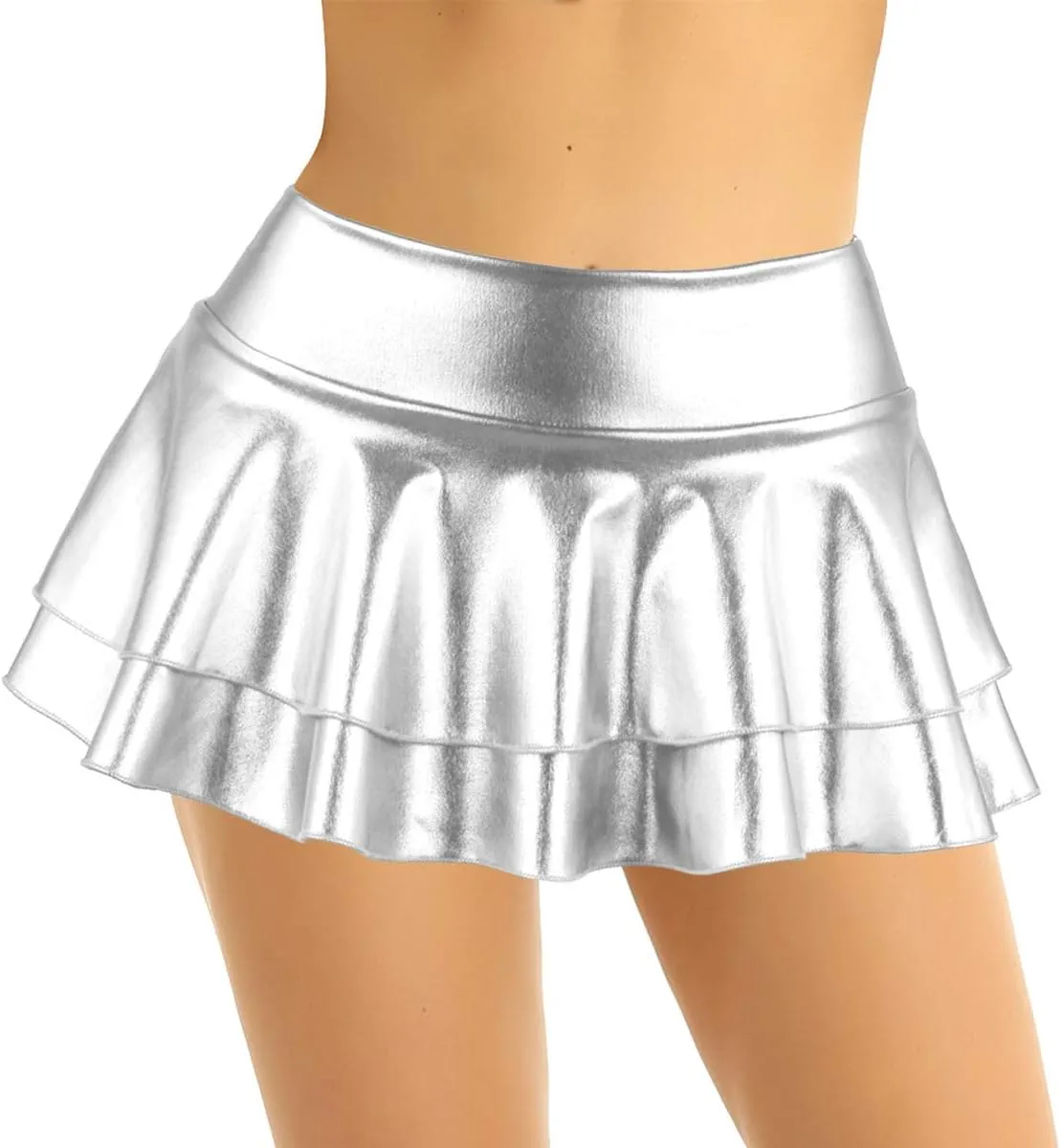 FEESHOW Women's Solid Shiny Metallic Pleated Mini Skirt Festival Rave Party Dance Disco Holographic Skirt