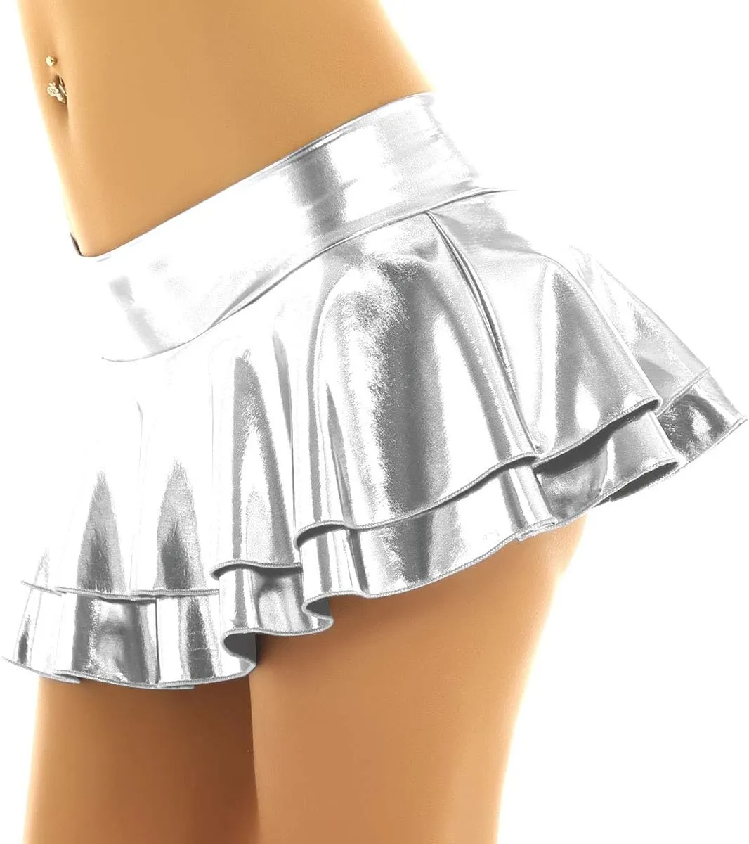 FEESHOW Women's Solid Shiny Metallic Pleated Mini Skirt Festival Rave Party Dance Disco Holographic Skirt