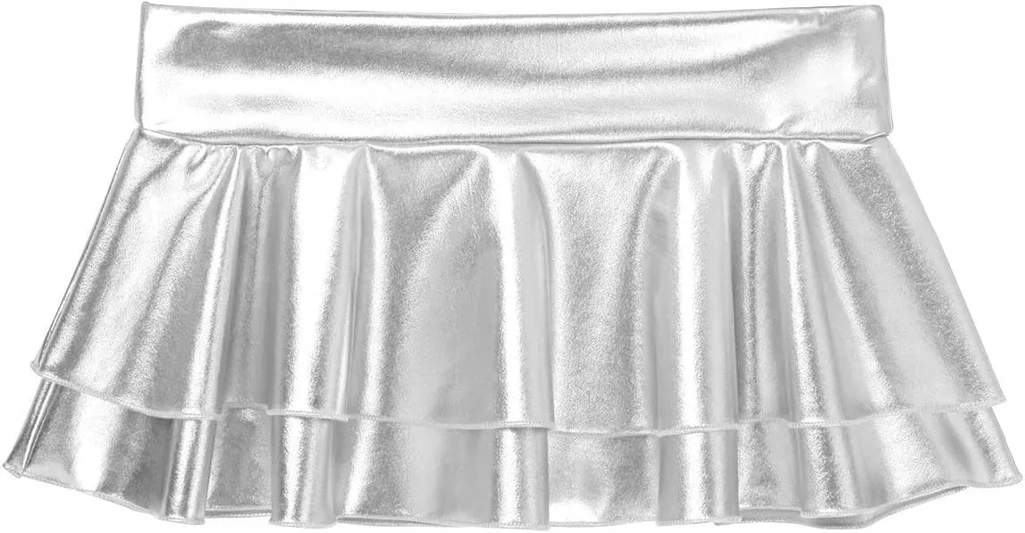 FEESHOW Women's Solid Shiny Metallic Pleated Mini Skirt Festival Rave Party Dance Disco Holographic Skirt