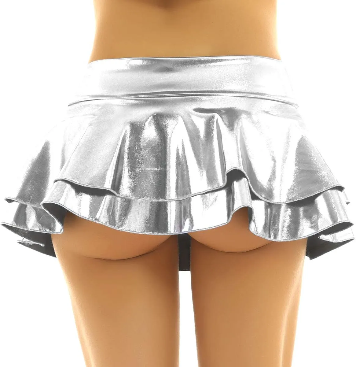 FEESHOW Women's Solid Shiny Metallic Pleated Mini Skirt Festival Rave Party Dance Disco Holographic Skirt