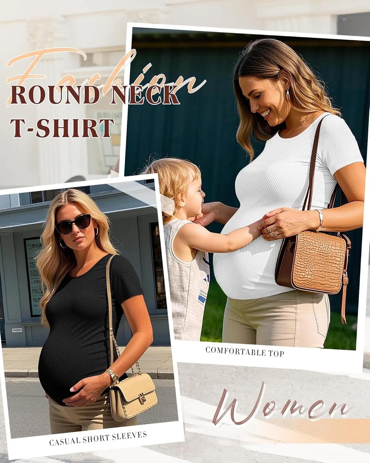 Ficerd 3 Pack Women's Maternity Shirts Ribbed Cotton Pregnancy Tops Short Sleeves Crew Neck Summer Mama Clothes