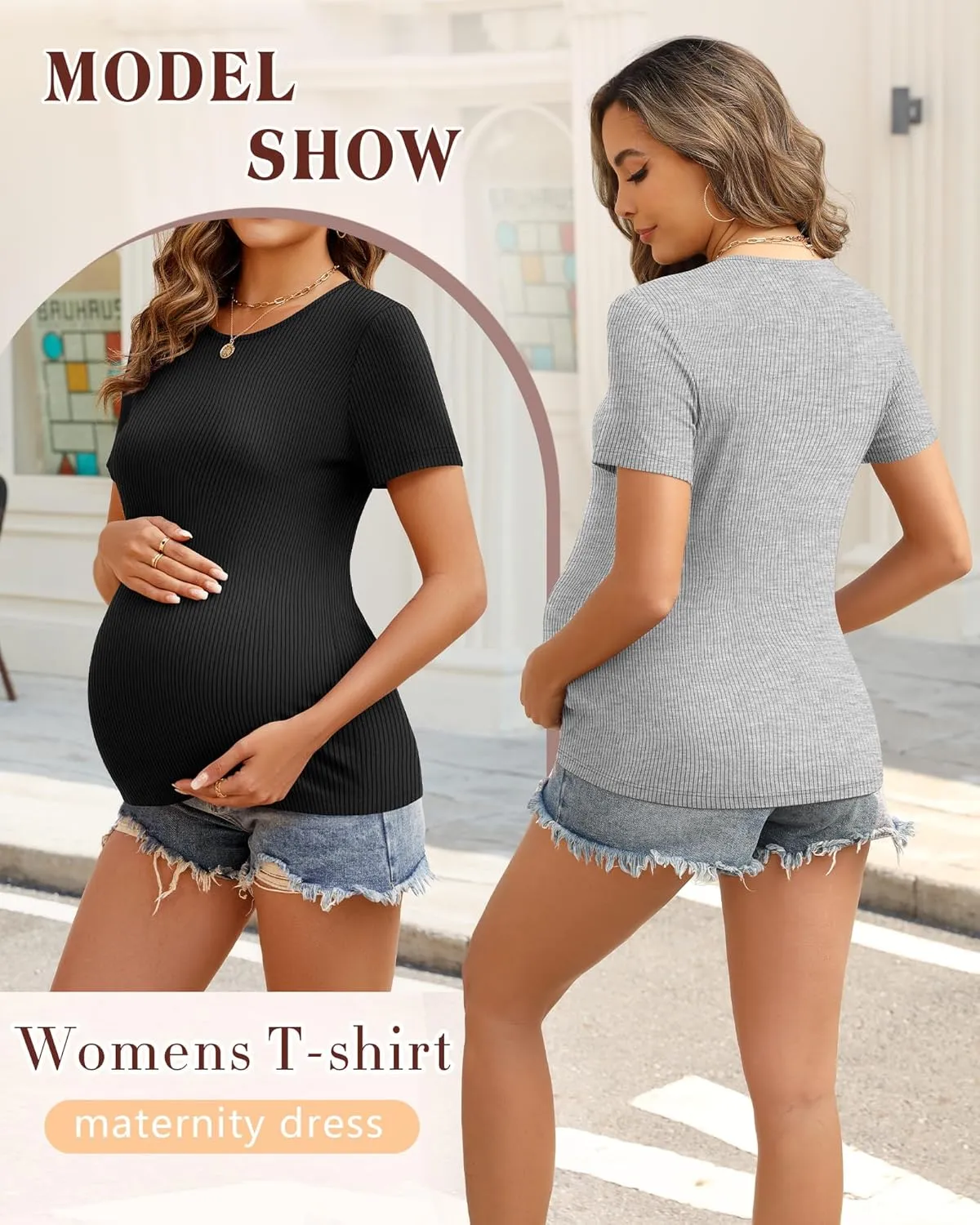 Ficerd 3 Pack Women's Maternity Shirts Ribbed Cotton Pregnancy Tops Short Sleeves Crew Neck Summer Mama Clothes