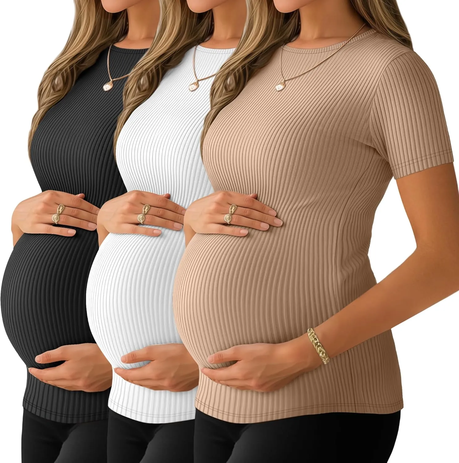 Ficerd 3 Pack Women's Maternity Shirts Ribbed Cotton Pregnancy Tops Short Sleeves Crew Neck Summer Mama Clothes