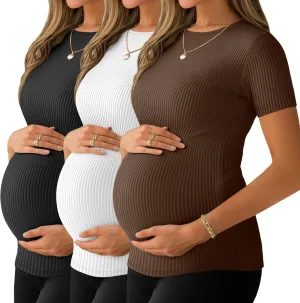 Ficerd 3 Pack Women's Maternity Shirts Ribbed Cotton Pregnancy Tops Short Sleeves Crew Neck Summer Mama Clothes