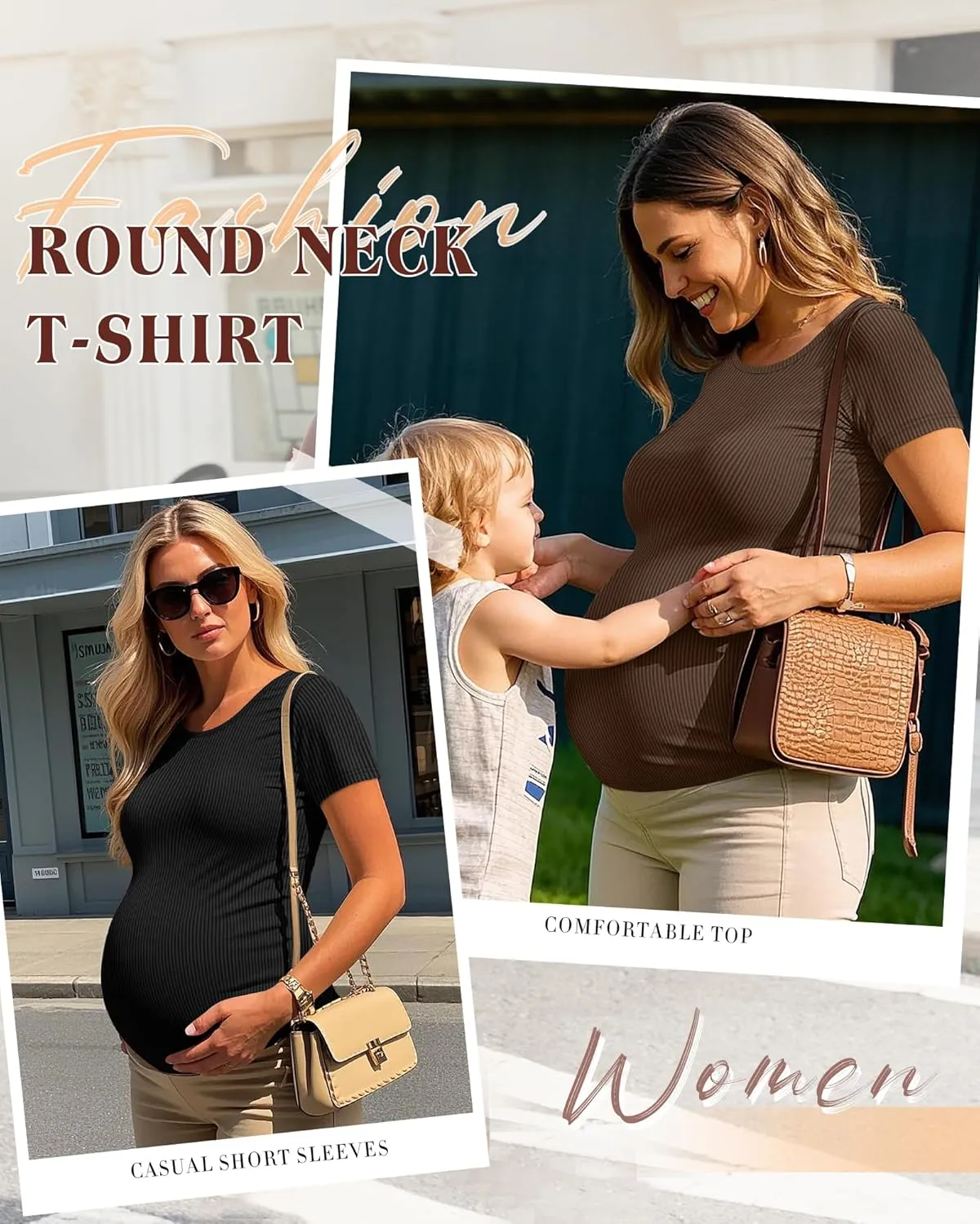 Ficerd 3 Pack Women's Maternity Shirts Ribbed Cotton Pregnancy Tops Short Sleeves Crew Neck Summer Mama Clothes