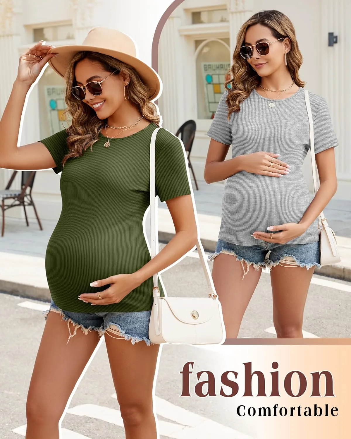 Ficerd 3 Pack Women's Maternity Shirts Ribbed Cotton Pregnancy Tops Short Sleeves Crew Neck Summer Mama Clothes