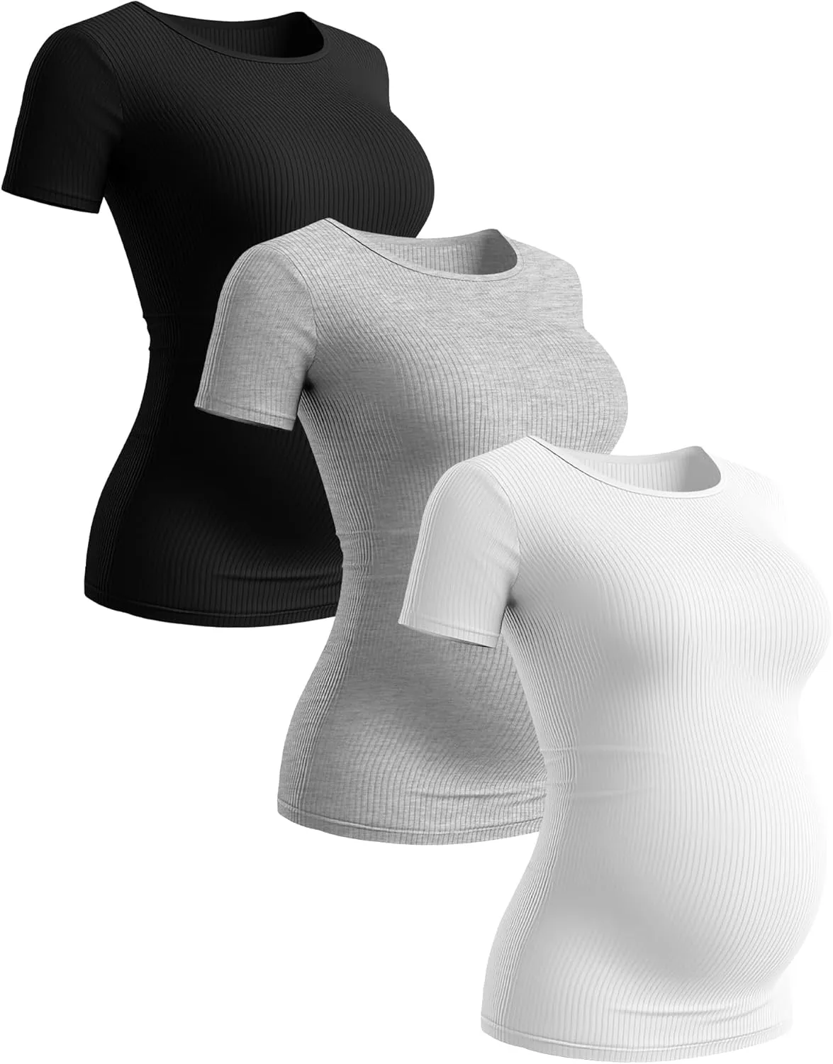 Ficerd 3 Pack Women's Maternity Shirts Ribbed Cotton Pregnancy Tops Short Sleeves Crew Neck Summer Mama Clothes
