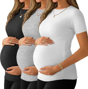 Ficerd 3 Pack Women's Maternity Shirts Ribbed Cotton Pregnancy Tops Short Sleeves Crew Neck Summer Mama Clothes