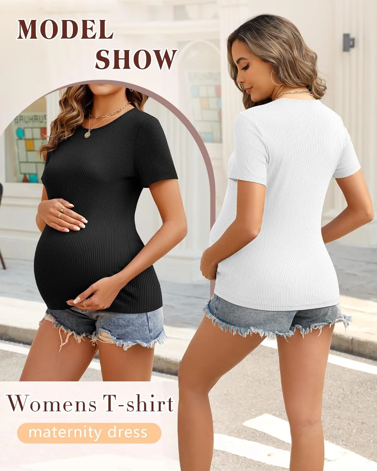 Ficerd 3 Pack Women's Maternity Shirts Ribbed Cotton Pregnancy Tops Short Sleeves Crew Neck Summer Mama Clothes