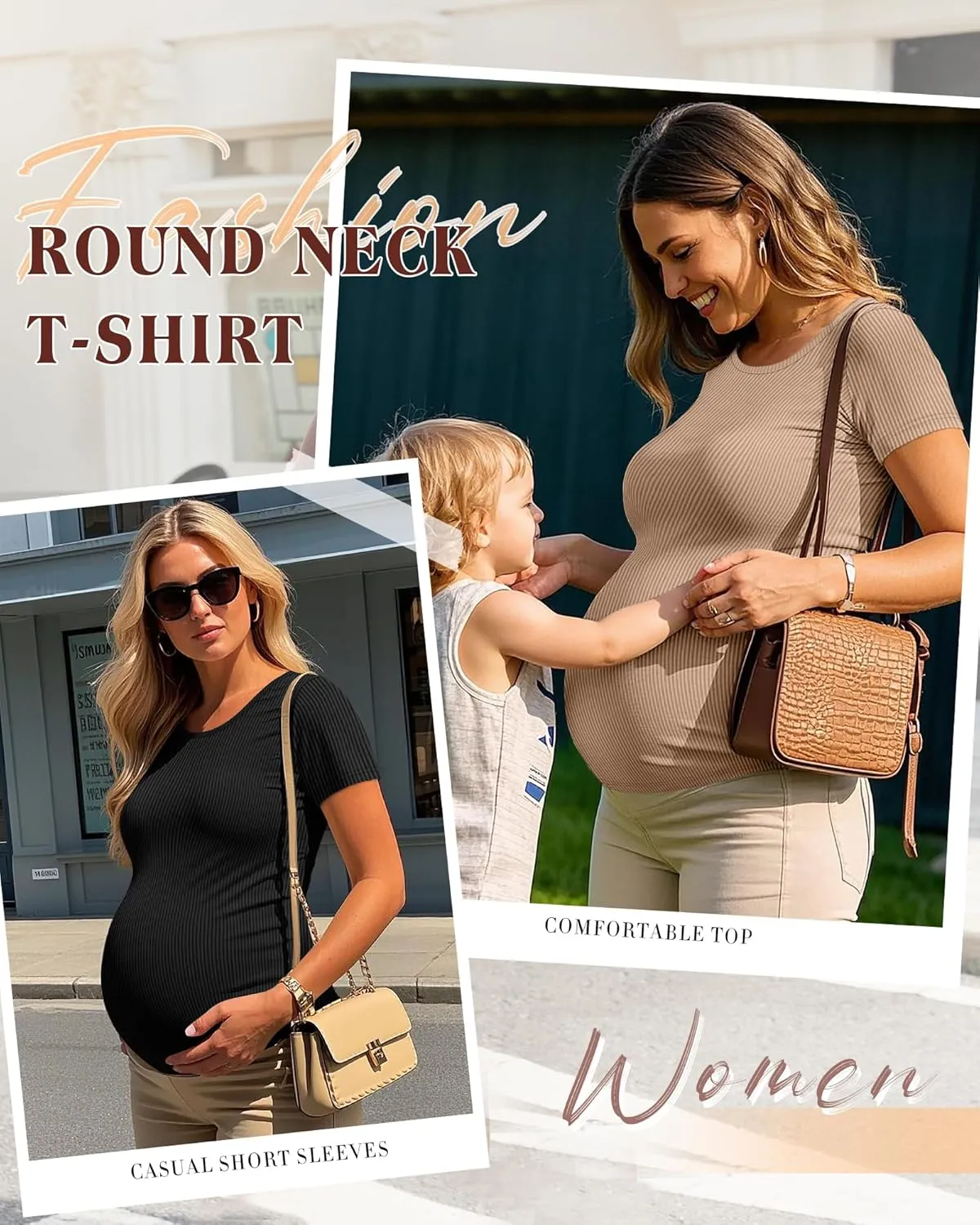 Ficerd 3 Pack Women's Maternity Shirts Ribbed Cotton Pregnancy Tops Short Sleeves Crew Neck Summer Mama Clothes