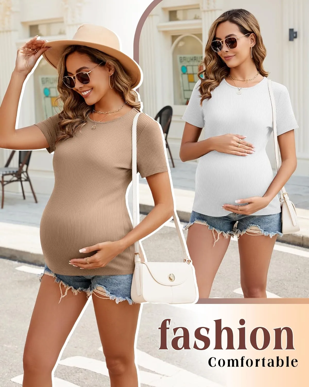Ficerd 3 Pack Women's Maternity Shirts Ribbed Cotton Pregnancy Tops Short Sleeves Crew Neck Summer Mama Clothes