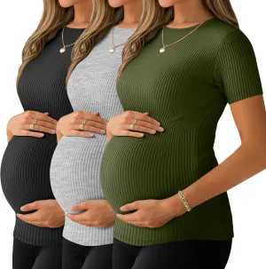 Ficerd 3 Pack Women's Maternity Shirts Ribbed Cotton Pregnancy Tops Short Sleeves Crew Neck Summer Mama Clothes