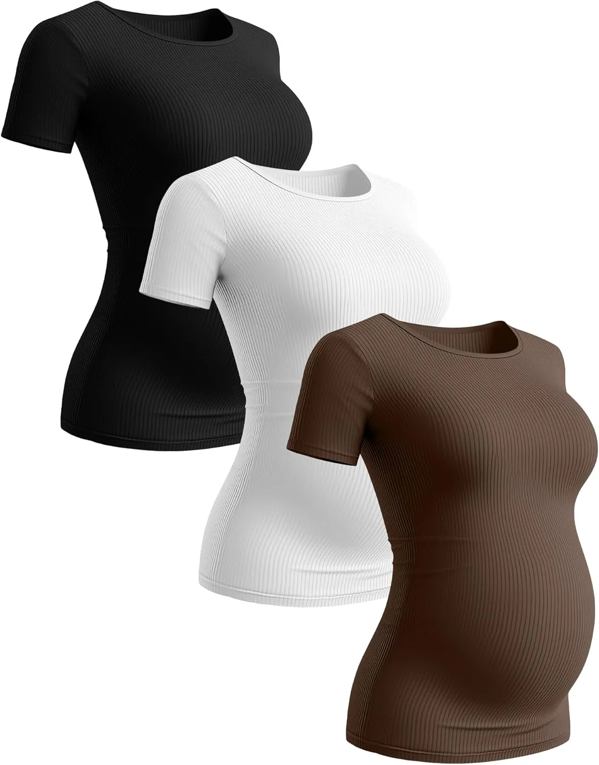 Ficerd 3 Pack Women's Maternity Shirts Ribbed Cotton Pregnancy Tops Short Sleeves Crew Neck Summer Mama Clothes