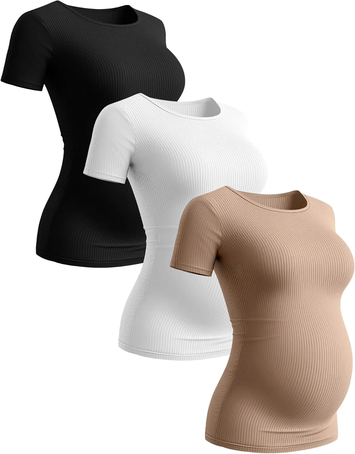 Ficerd 3 Pack Women's Maternity Shirts Ribbed Cotton Pregnancy Tops Short Sleeves Crew Neck Summer Mama Clothes