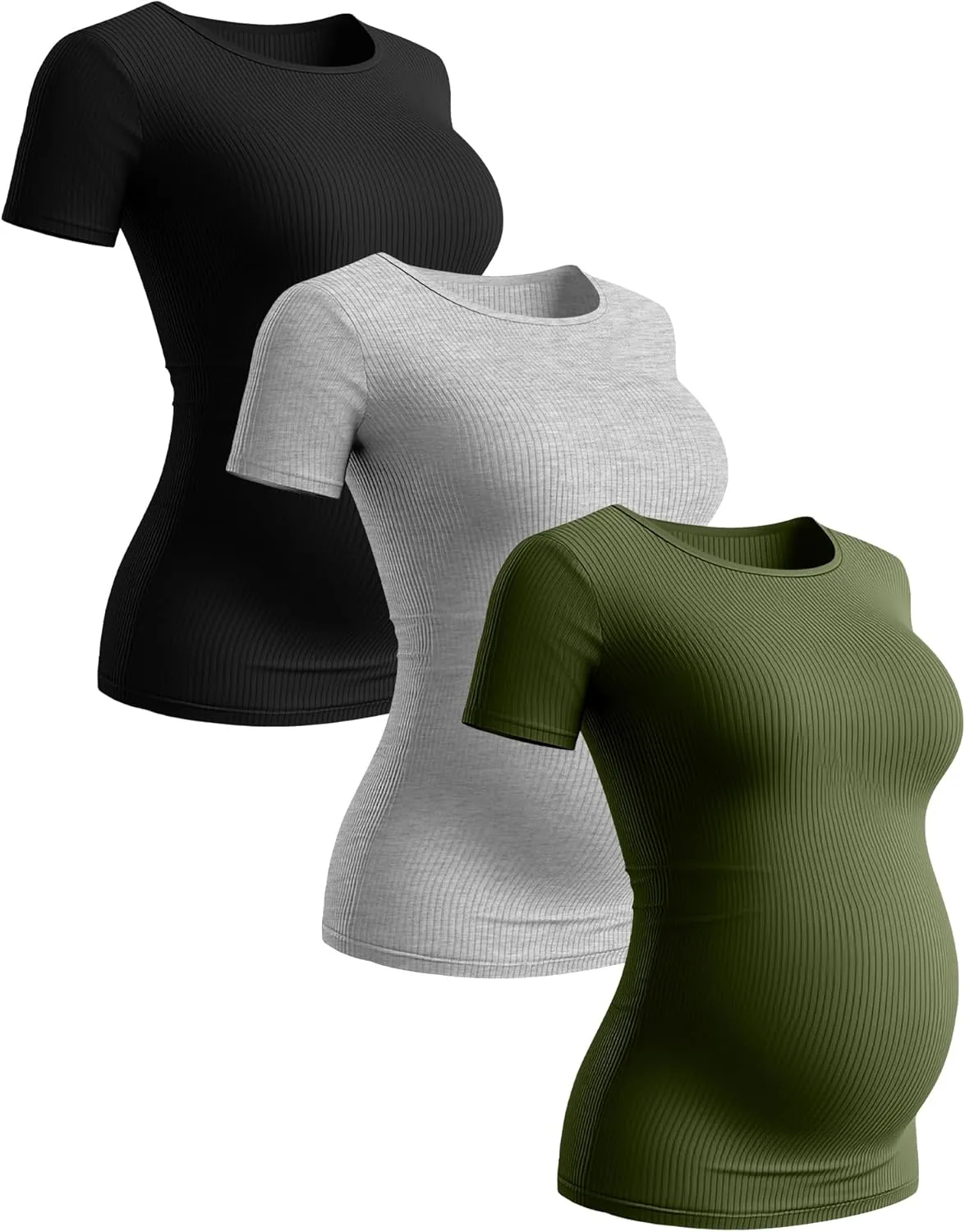 Ficerd 3 Pack Women's Maternity Shirts Ribbed Cotton Pregnancy Tops Short Sleeves Crew Neck Summer Mama Clothes