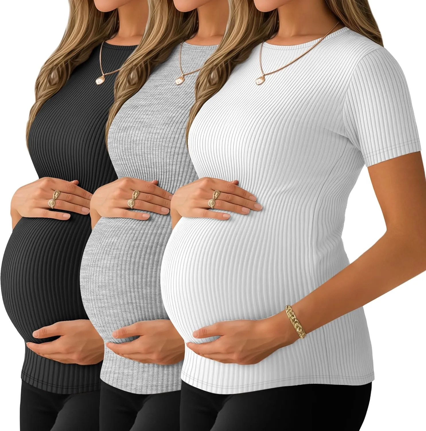 Ficerd 3 Pack Women's Maternity Shirts Ribbed Cotton Pregnancy Tops Short Sleeves Crew Neck Summer Mama Clothes