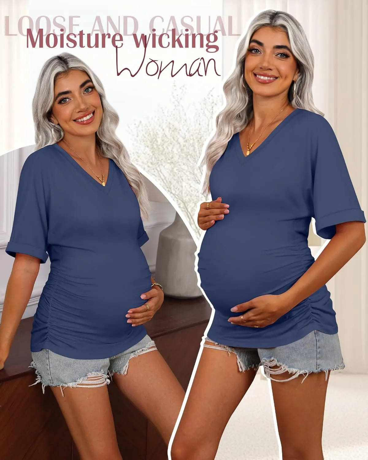 Ficerd 3 Pack Women's Maternity Shirts V Neck Half Sleeve Tops Tunic Cotton Side Ruched Pregnancy Clothes Casual Tee Blouse