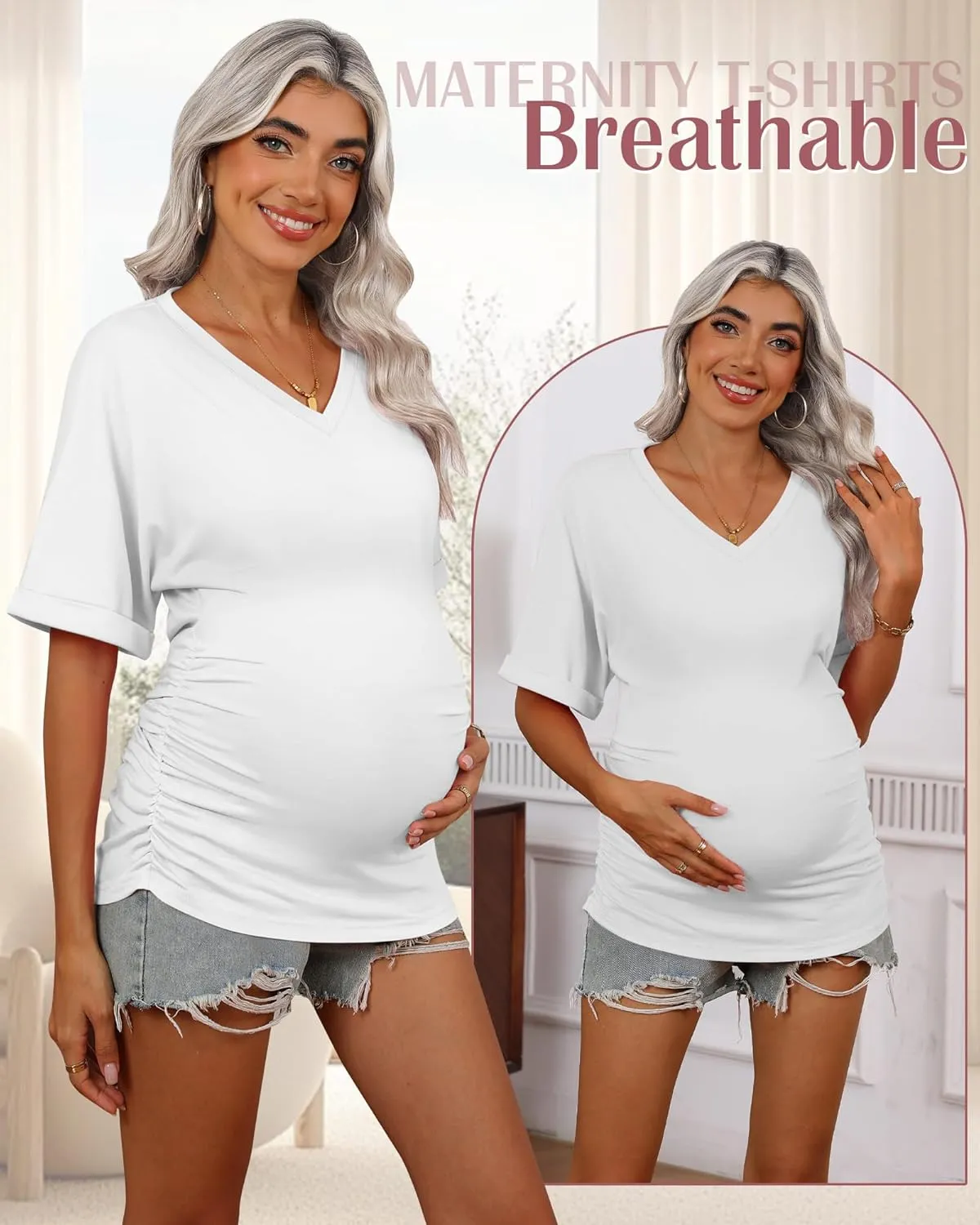 Ficerd 3 Pack Women's Maternity Shirts V Neck Half Sleeve Tops Tunic Cotton Side Ruched Pregnancy Clothes Casual Tee Blouse