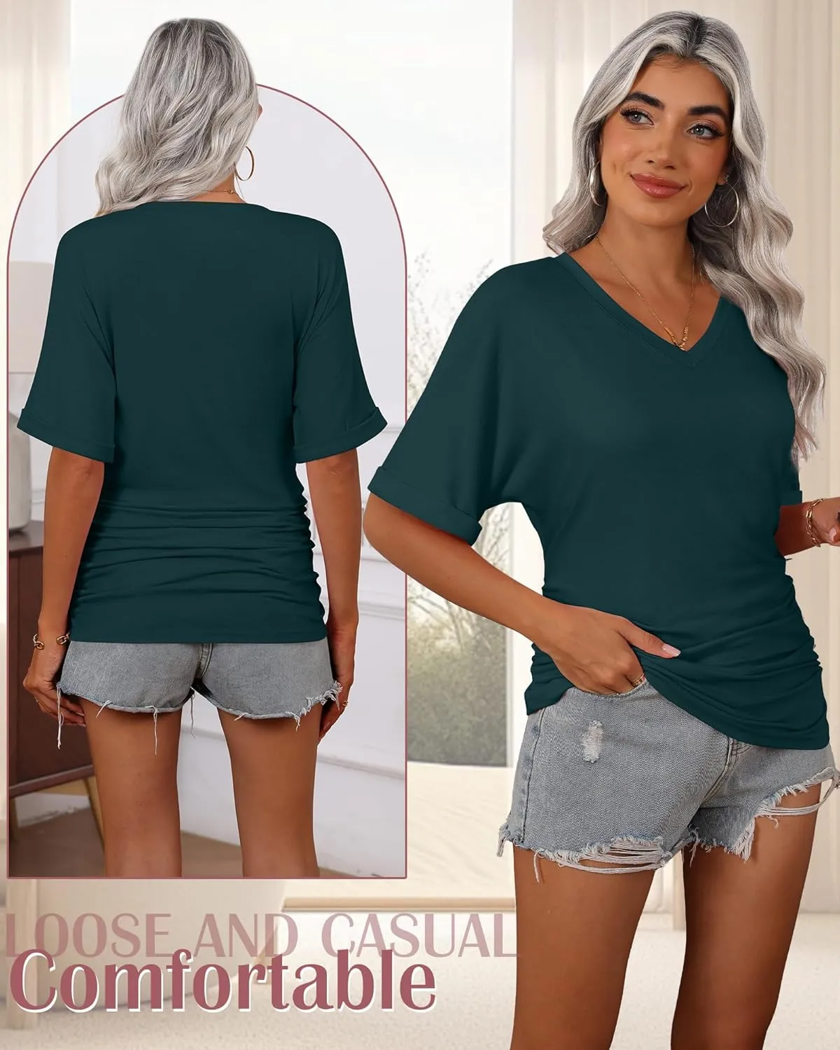 Ficerd 3 Pack Women's Maternity Shirts V Neck Half Sleeve Tops Tunic Cotton Side Ruched Pregnancy Clothes Casual Tee Blouse