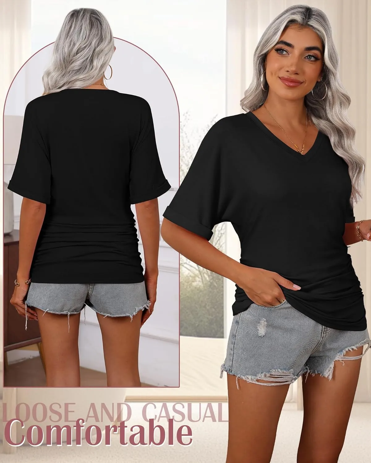 Ficerd 3 Pack Women's Maternity Shirts V Neck Half Sleeve Tops Tunic Cotton Side Ruched Pregnancy Clothes Casual Tee Blouse