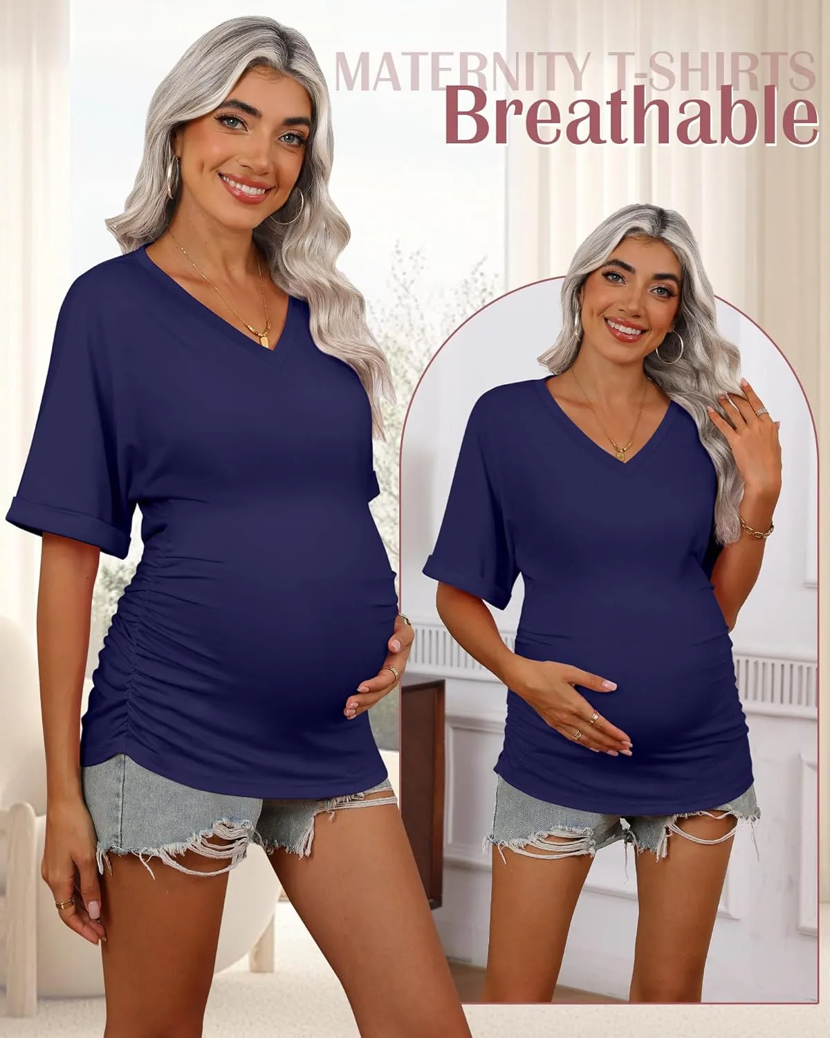 Ficerd 3 Pack Women's Maternity Shirts V Neck Half Sleeve Tops Tunic Cotton Side Ruched Pregnancy Clothes Casual Tee Blouse