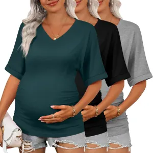 Ficerd 3 Pack Women's Maternity Shirts V Neck Half Sleeve Tops Tunic Cotton Side Ruched Pregnancy Clothes Casual Tee Blouse