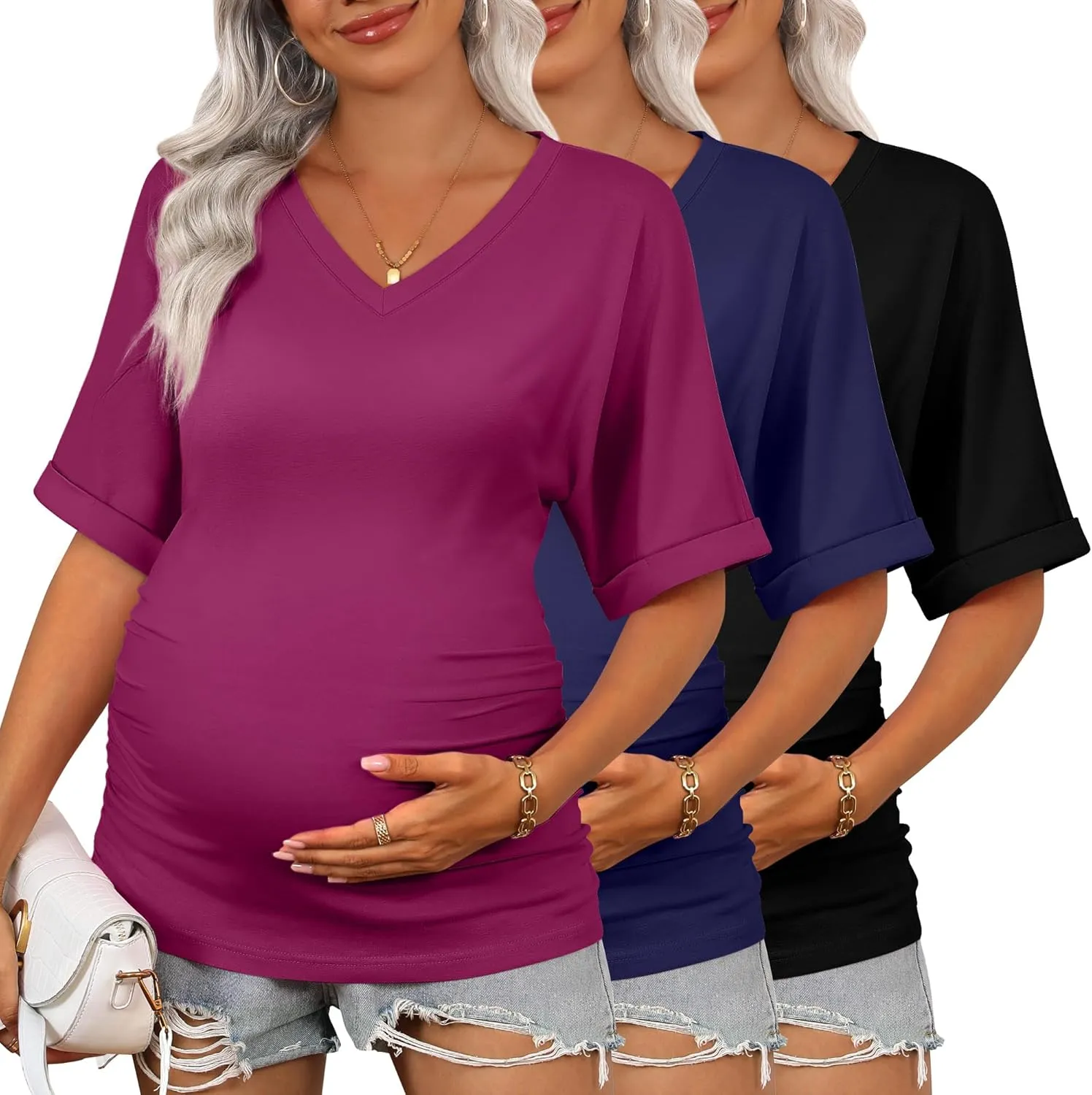 Ficerd 3 Pack Women's Maternity Shirts V Neck Half Sleeve Tops Tunic Cotton Side Ruched Pregnancy Clothes Casual Tee Blouse