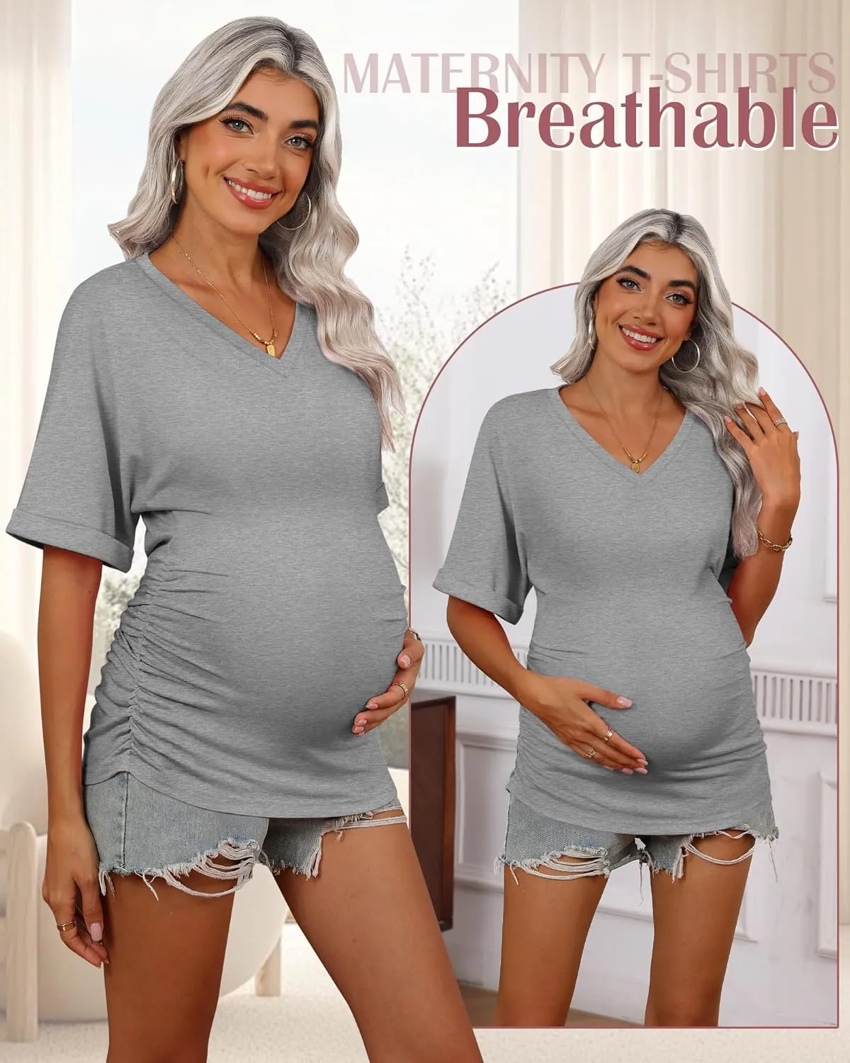 Ficerd 3 Pack Women's Maternity Shirts V Neck Half Sleeve Tops Tunic Cotton Side Ruched Pregnancy Clothes Casual Tee Blouse