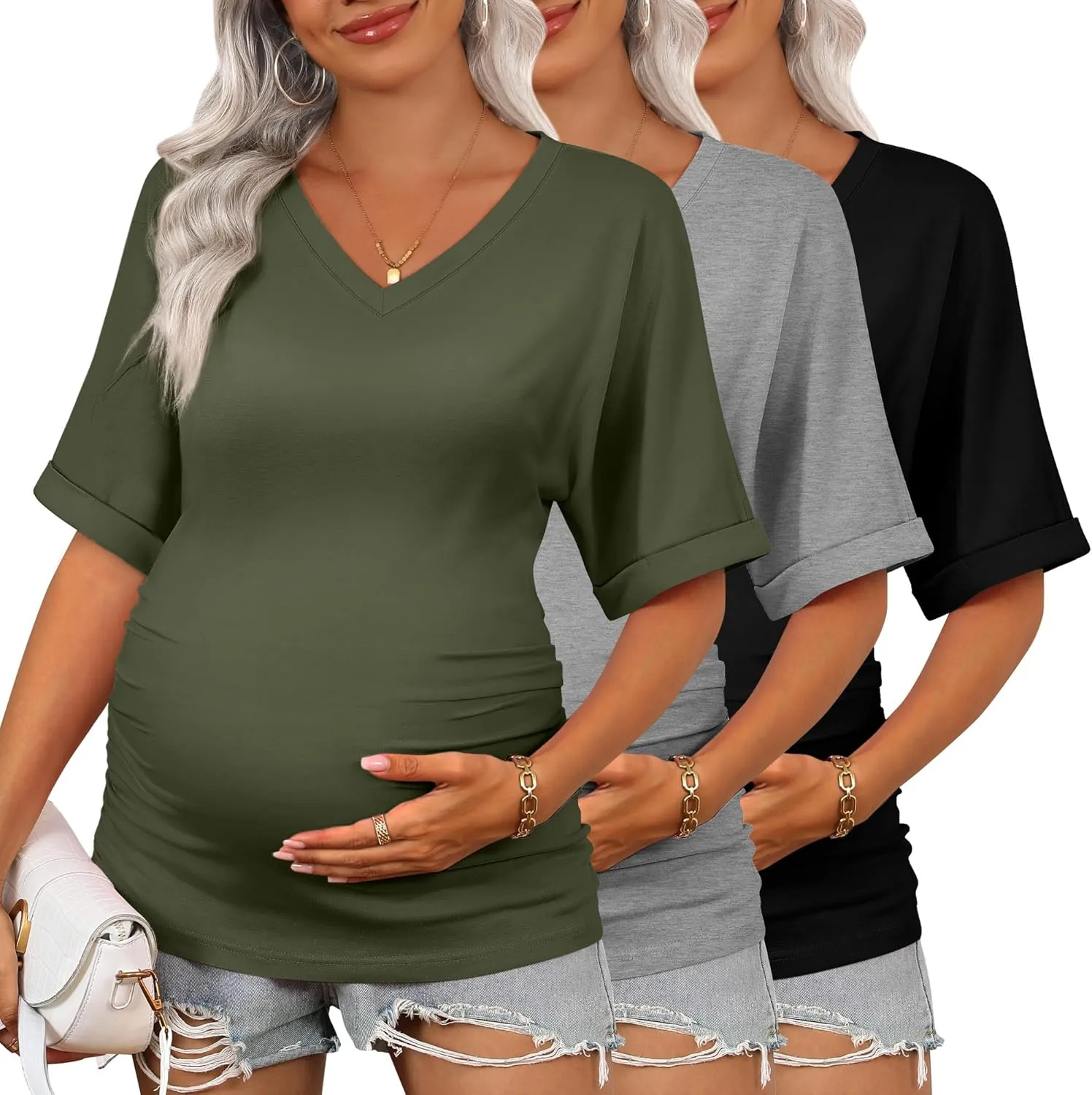 Ficerd 3 Pack Women's Maternity Shirts V Neck Half Sleeve Tops Tunic Cotton Side Ruched Pregnancy Clothes Casual Tee Blouse
