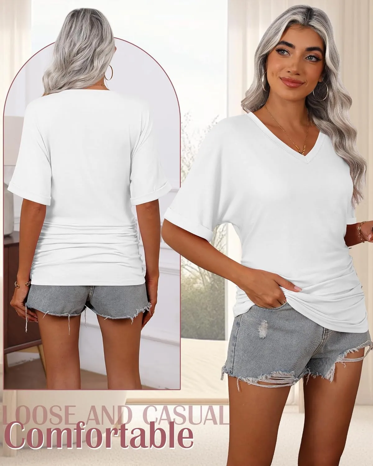Ficerd 3 Pack Women's Maternity Shirts V Neck Half Sleeve Tops Tunic Cotton Side Ruched Pregnancy Clothes Casual Tee Blouse