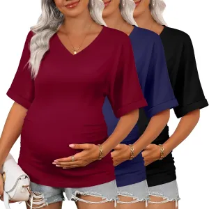 Ficerd 3 Pack Women's Maternity Shirts V Neck Half Sleeve Tops Tunic Cotton Side Ruched Pregnancy Clothes Casual Tee Blouse