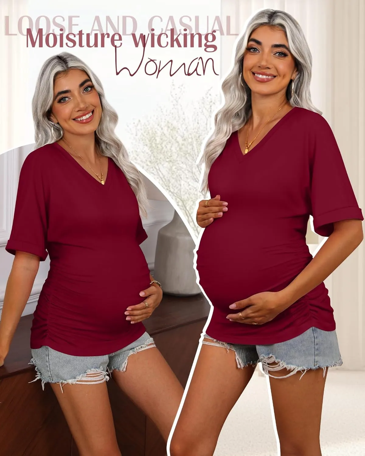 Ficerd 3 Pack Women's Maternity Shirts V Neck Half Sleeve Tops Tunic Cotton Side Ruched Pregnancy Clothes Casual Tee Blouse