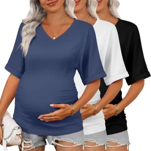 Ficerd 3 Pack Women's Maternity Shirts V Neck Half Sleeve Tops Tunic Cotton Side Ruched Pregnancy Clothes Casual Tee Blouse