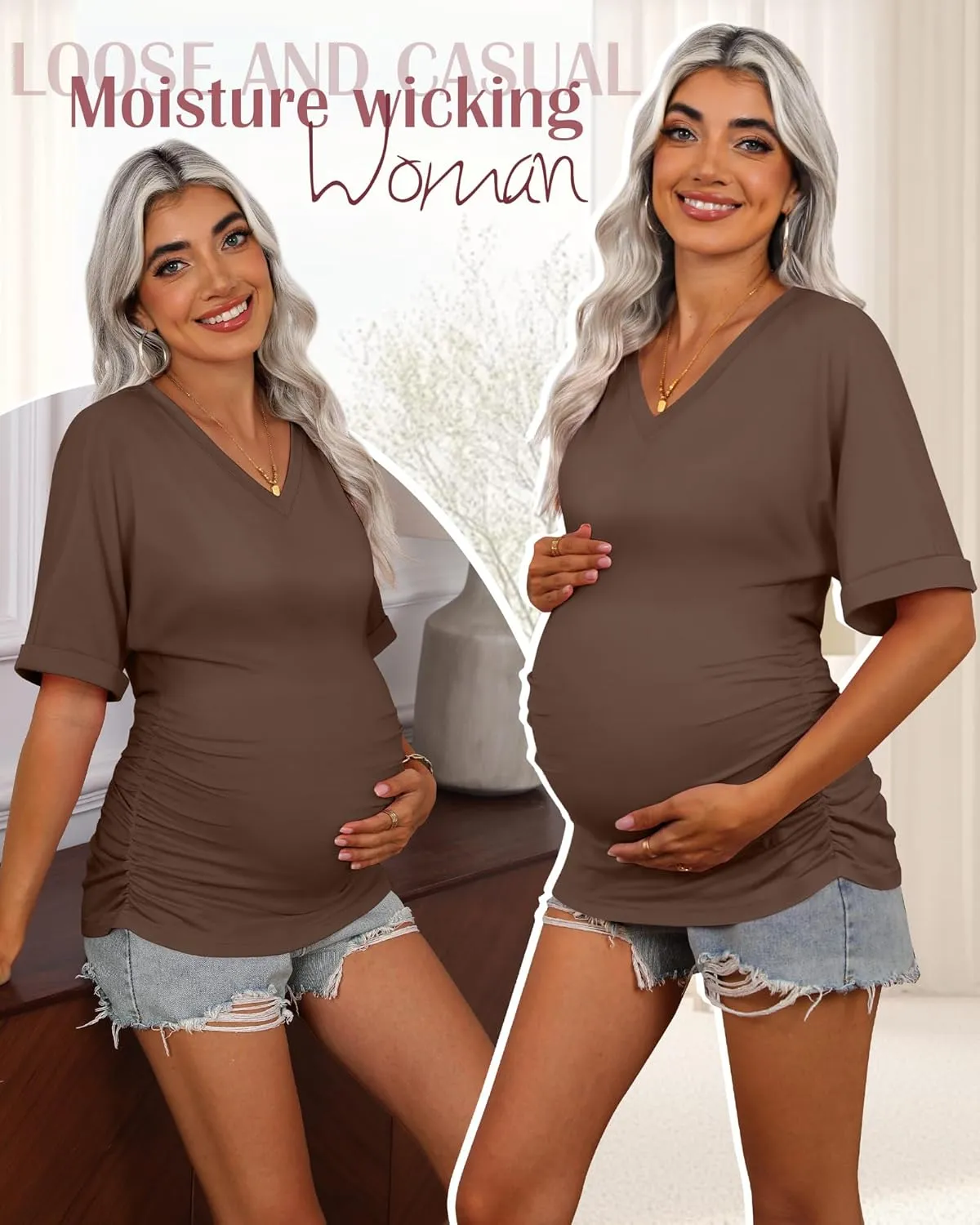 Ficerd 3 Pack Women's Maternity Shirts V Neck Half Sleeve Tops Tunic Cotton Side Ruched Pregnancy Clothes Casual Tee Blouse