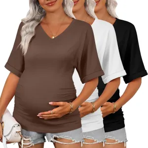 Ficerd 3 Pack Women's Maternity Shirts V Neck Half Sleeve Tops Tunic Cotton Side Ruched Pregnancy Clothes Casual Tee Blouse