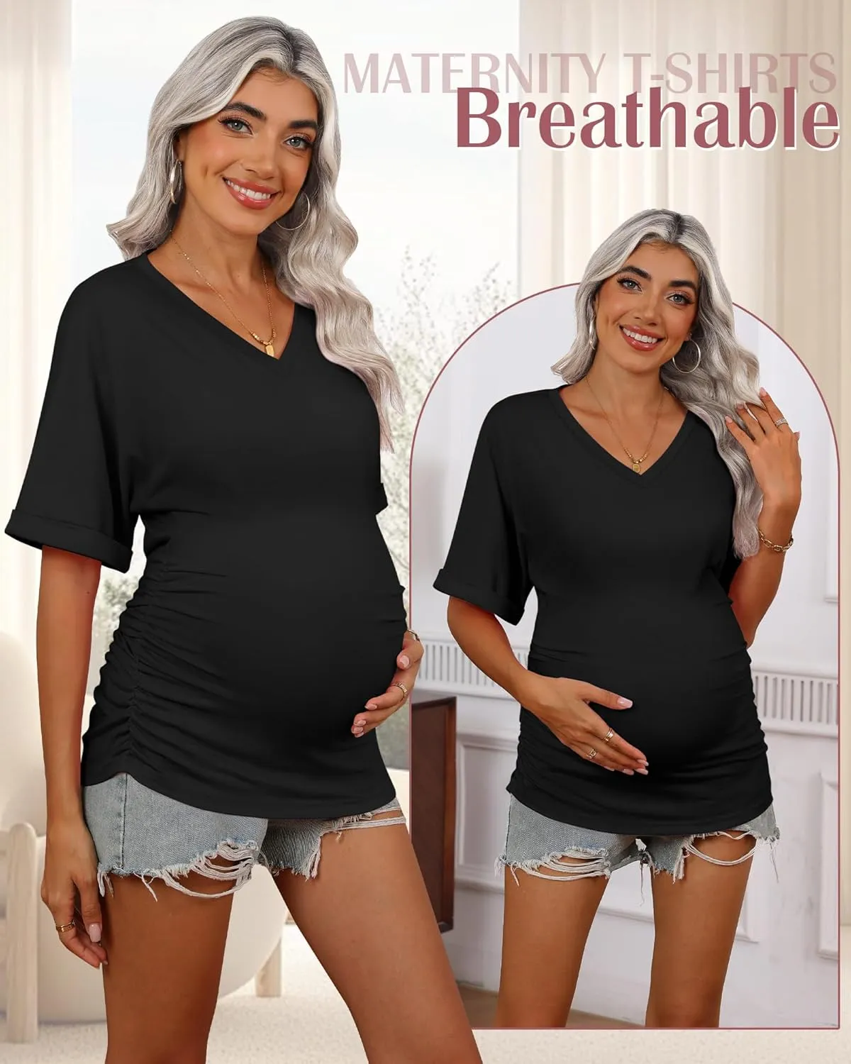 Ficerd 3 Pack Women's Maternity Shirts V Neck Half Sleeve Tops Tunic Cotton Side Ruched Pregnancy Clothes Casual Tee Blouse