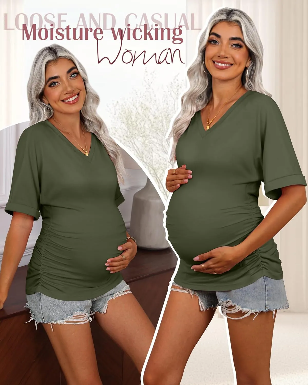 Ficerd 3 Pack Women's Maternity Shirts V Neck Half Sleeve Tops Tunic Cotton Side Ruched Pregnancy Clothes Casual Tee Blouse