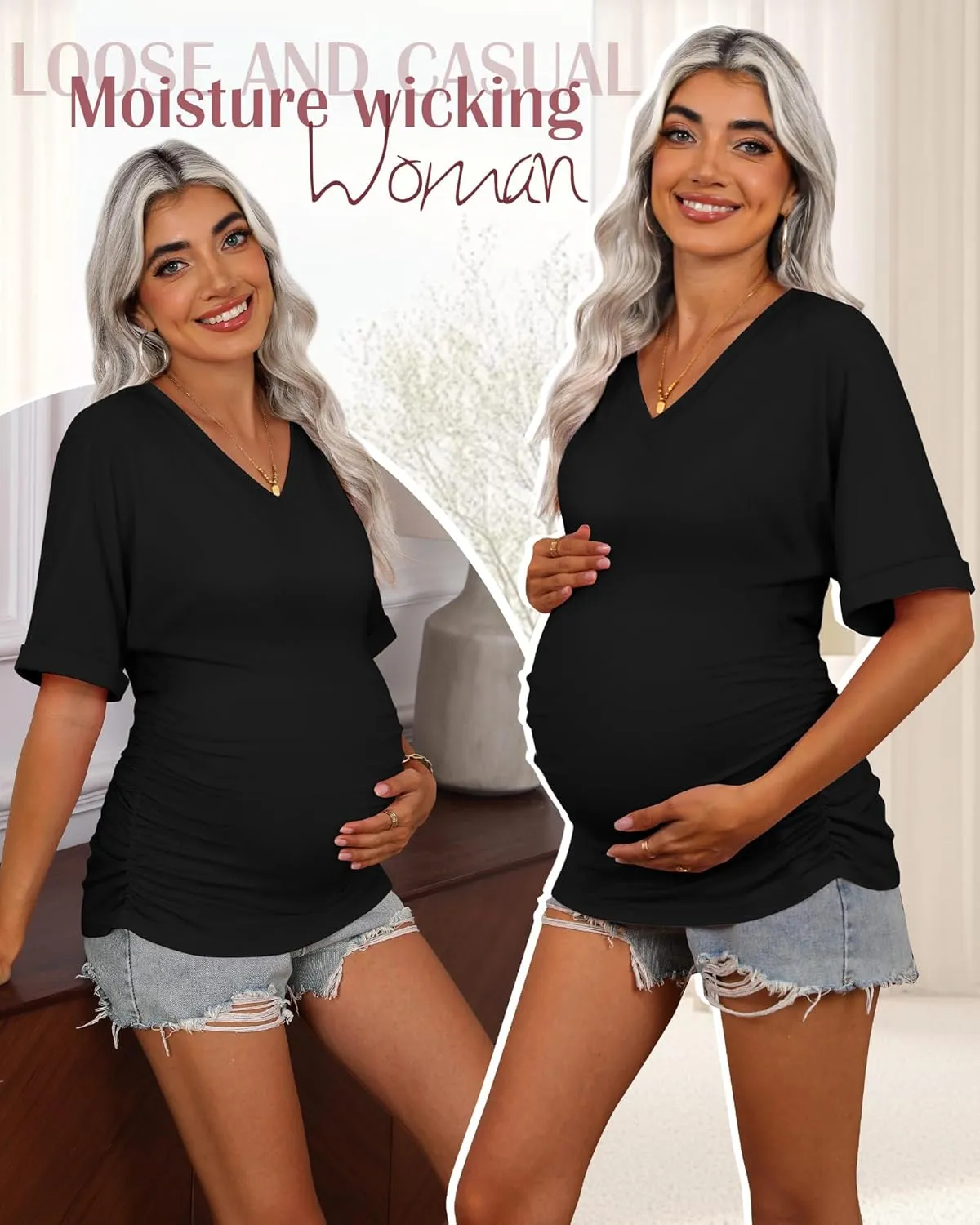 Ficerd 3 Pack Women's Maternity Shirts V Neck Half Sleeve Tops Tunic Cotton Side Ruched Pregnancy Clothes Casual Tee Blouse