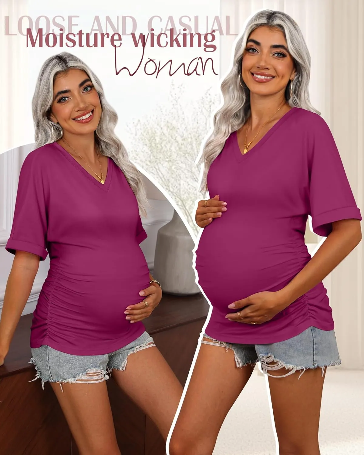 Ficerd 3 Pack Women's Maternity Shirts V Neck Half Sleeve Tops Tunic Cotton Side Ruched Pregnancy Clothes Casual Tee Blouse