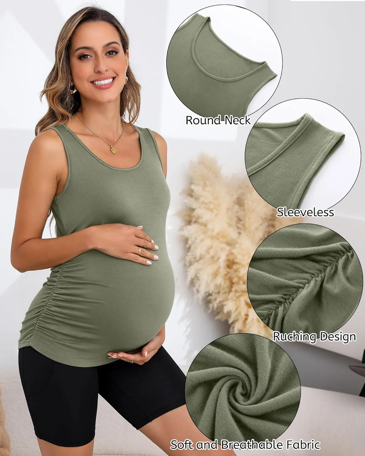 Ficerd 4 Pack Women's Maternity Tank Tops Sleeveless Side Ruched Top Crew Neck Casual Pregnancy T-Shirts Summer Basic