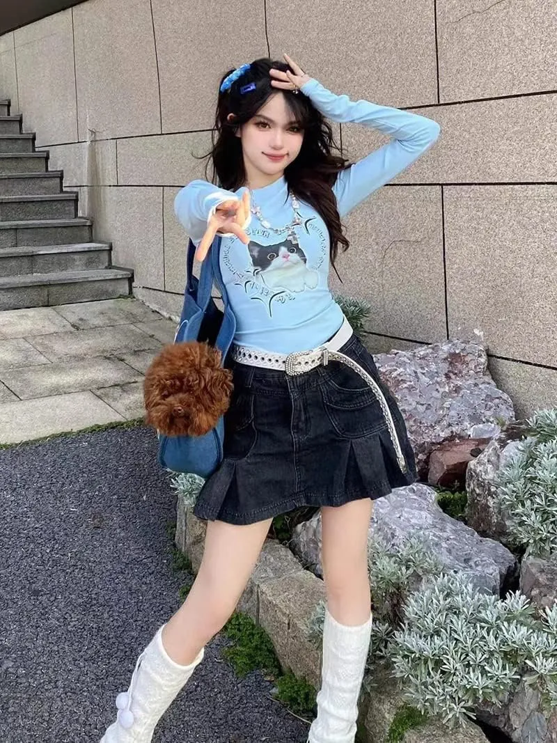 FIVETOSEVEN Women Side Pleated Skirt Mini Short Jeans Denim Bottoms Vintage Black Harajuku Goth Clubwear