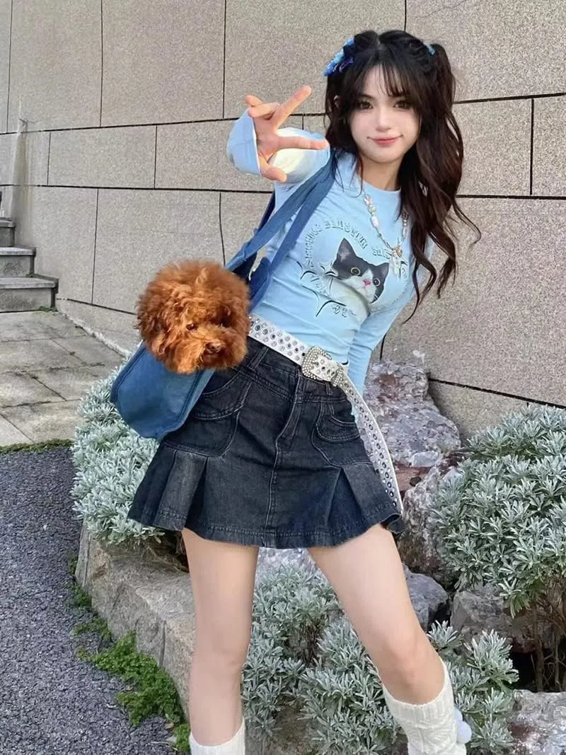 FIVETOSEVEN Women Side Pleated Skirt Mini Short Jeans Denim Bottoms Vintage Black Harajuku Goth Clubwear