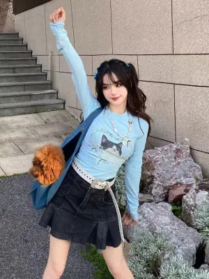 FIVETOSEVEN Women Side Pleated Skirt Mini Short Jeans Denim Bottoms Vintage Black Harajuku Goth Clubwear