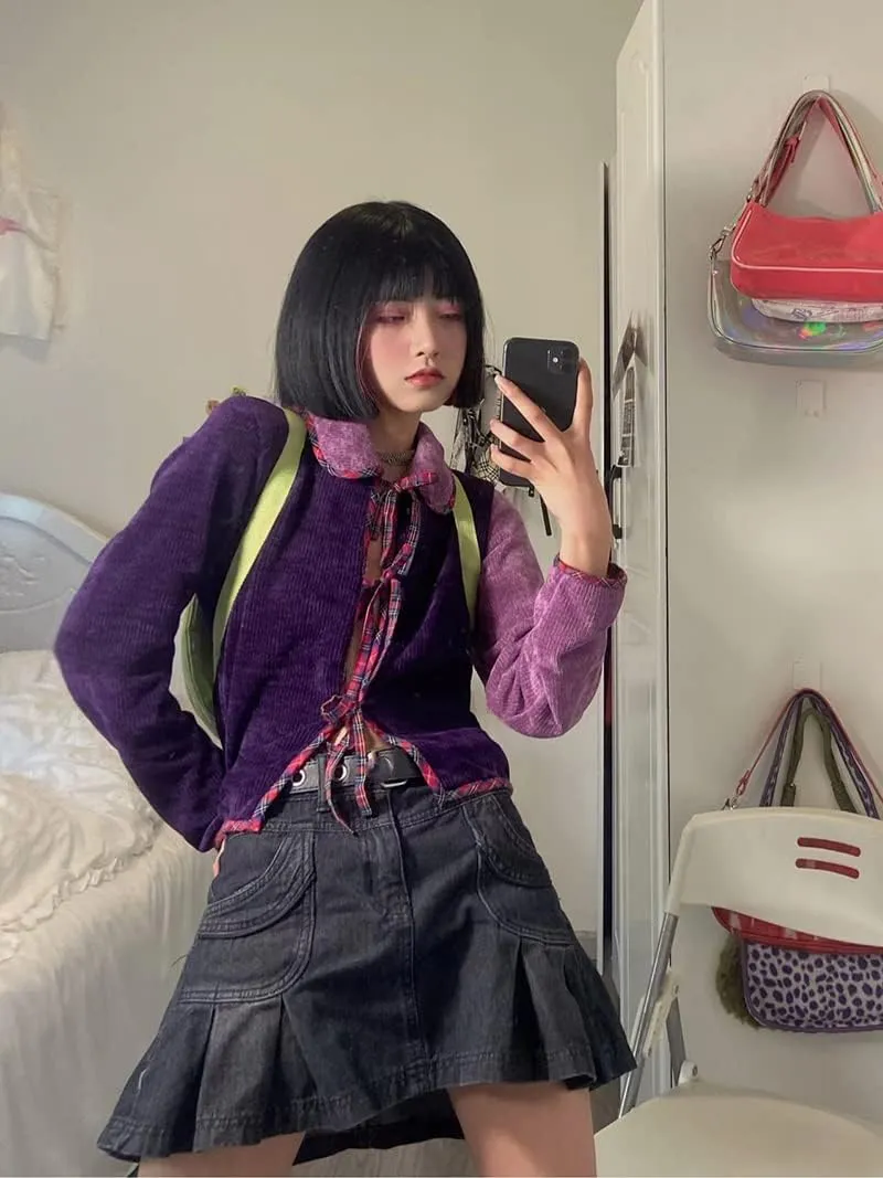 FIVETOSEVEN Women Side Pleated Skirt Mini Short Jeans Denim Bottoms Vintage Black Harajuku Goth Clubwear