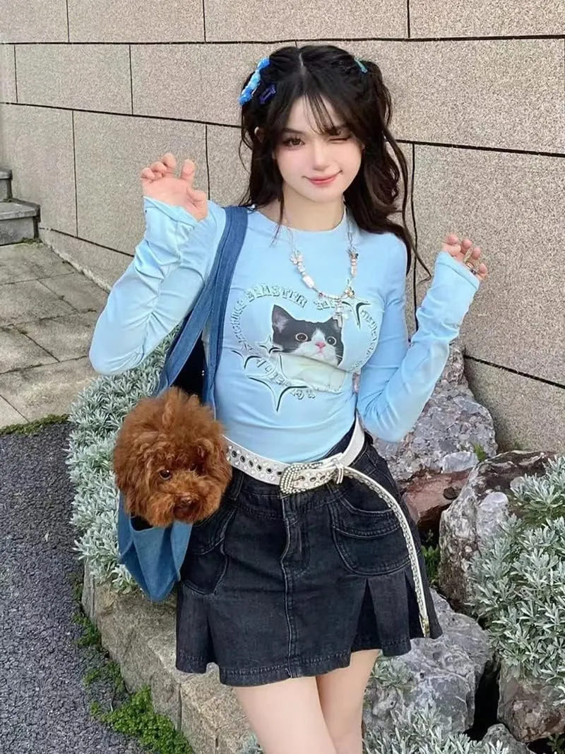 FIVETOSEVEN Women Side Pleated Skirt Mini Short Jeans Denim Bottoms Vintage Black Harajuku Goth Clubwear