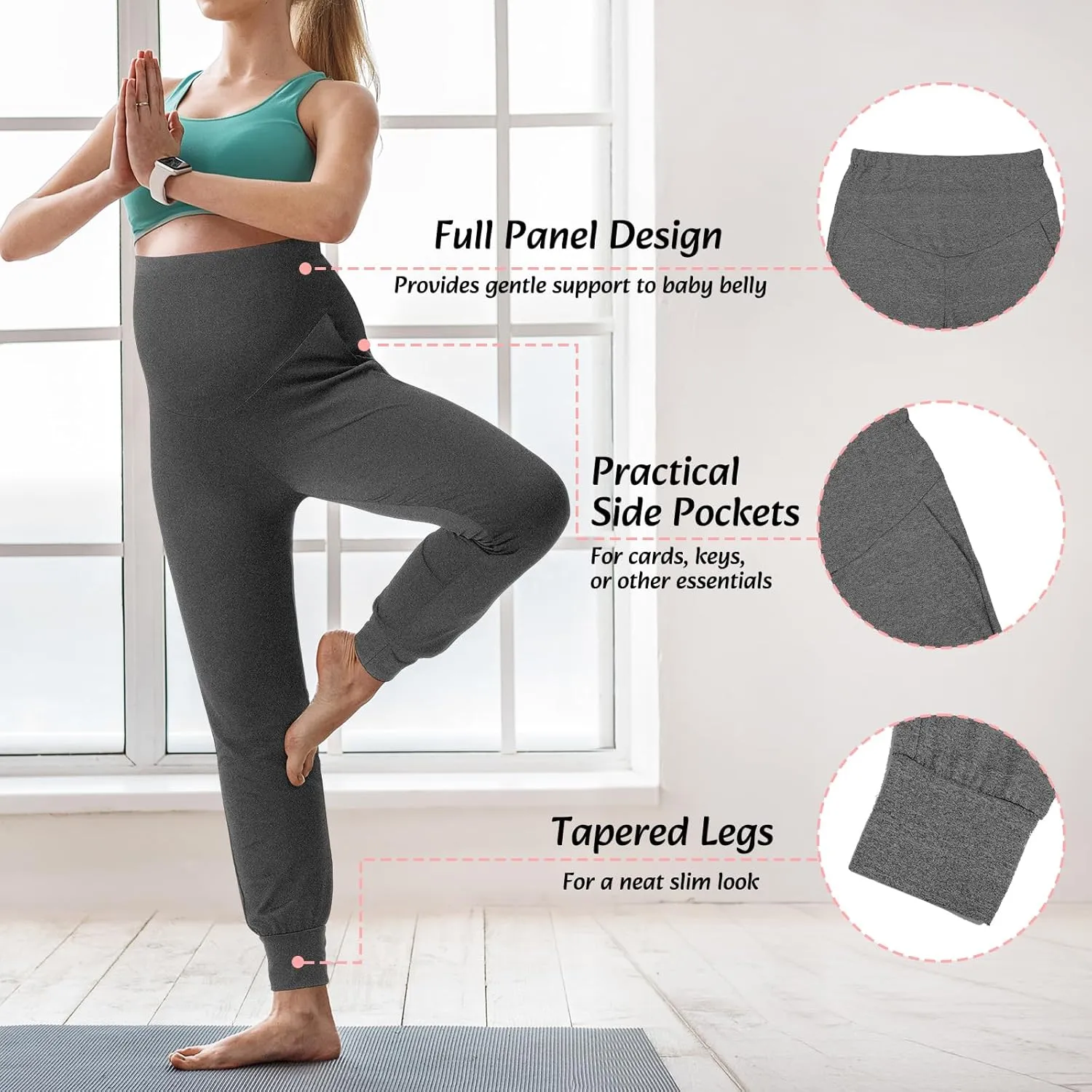 Geyoga 3 Pack Womens Maternity Pants Over The Belly Stretchy Pregnancy Sweatpants Comfy Pregnancy Joggers with Pockets