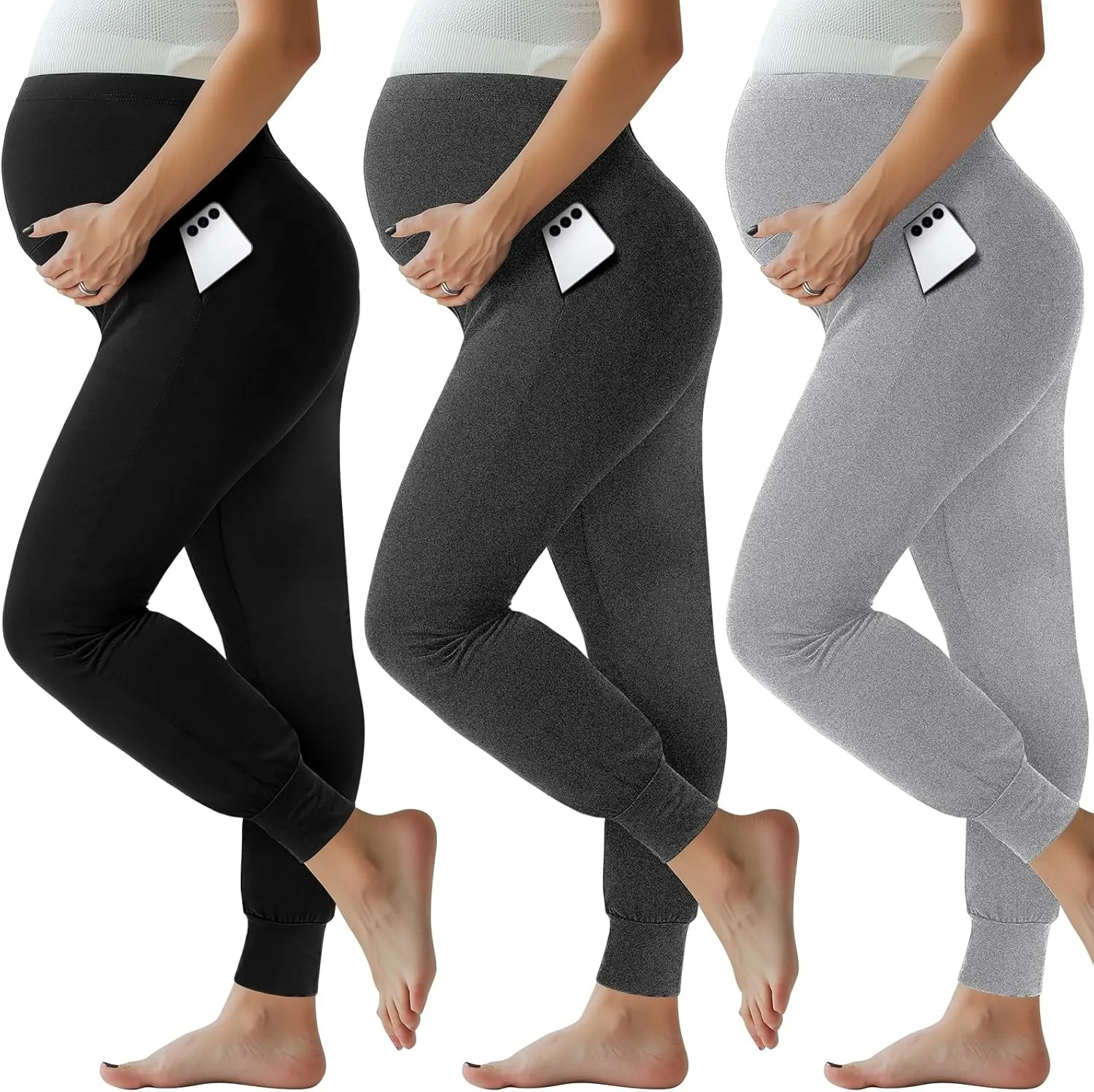Geyoga 3 Pack Womens Maternity Pants Over The Belly Stretchy Pregnancy Sweatpants Comfy Pregnancy Joggers with Pockets